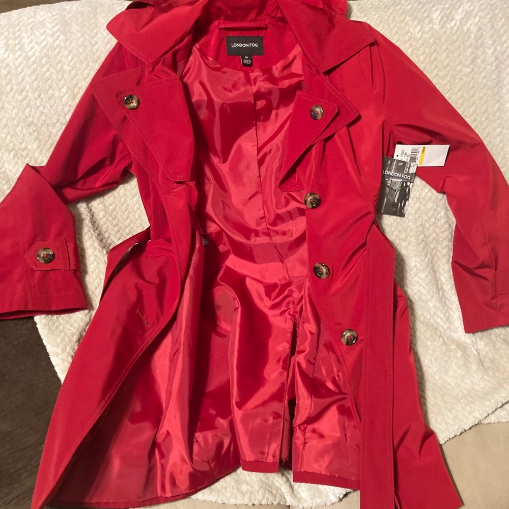 NWT London Fog Women's Trench Belted Red Rain Coat Size M with Removable Hood - Picture 7 of 9